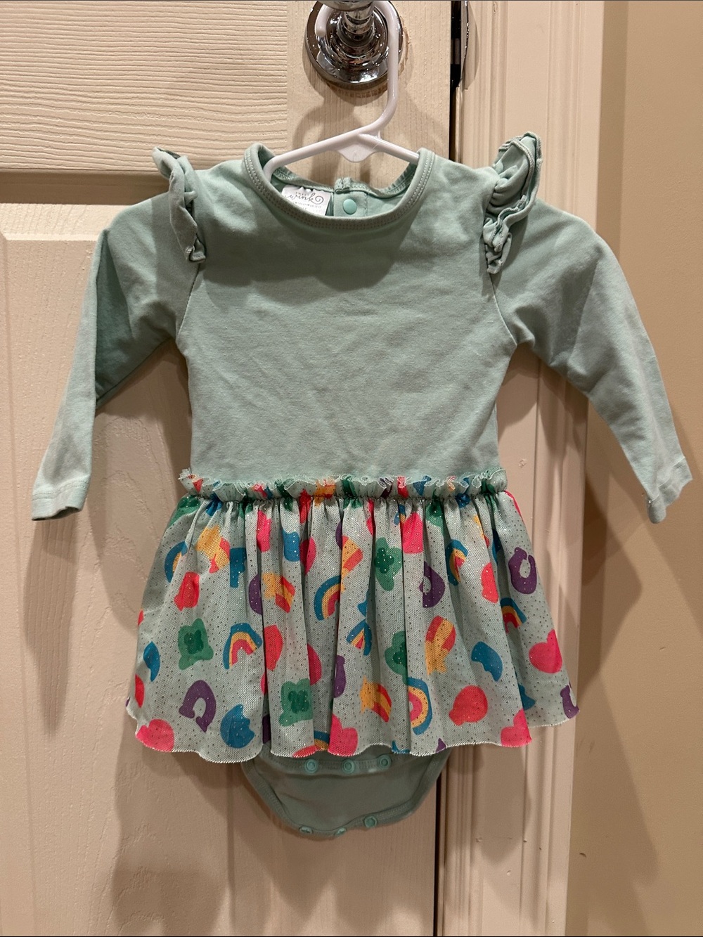Mint Green Long-Sleeve Baby One-Piece with Colorful Skirt